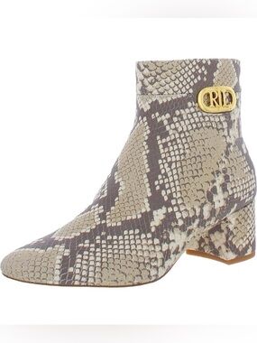 Ralph Lauren Taupe and Cream Snake-Print Ankle Booties with Gold RL Accent